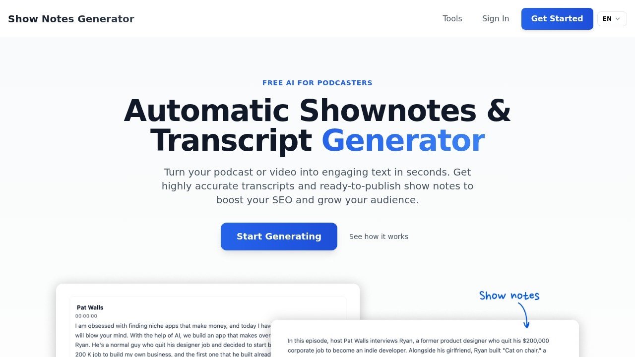 Podcast Shownotes Generator screenshot